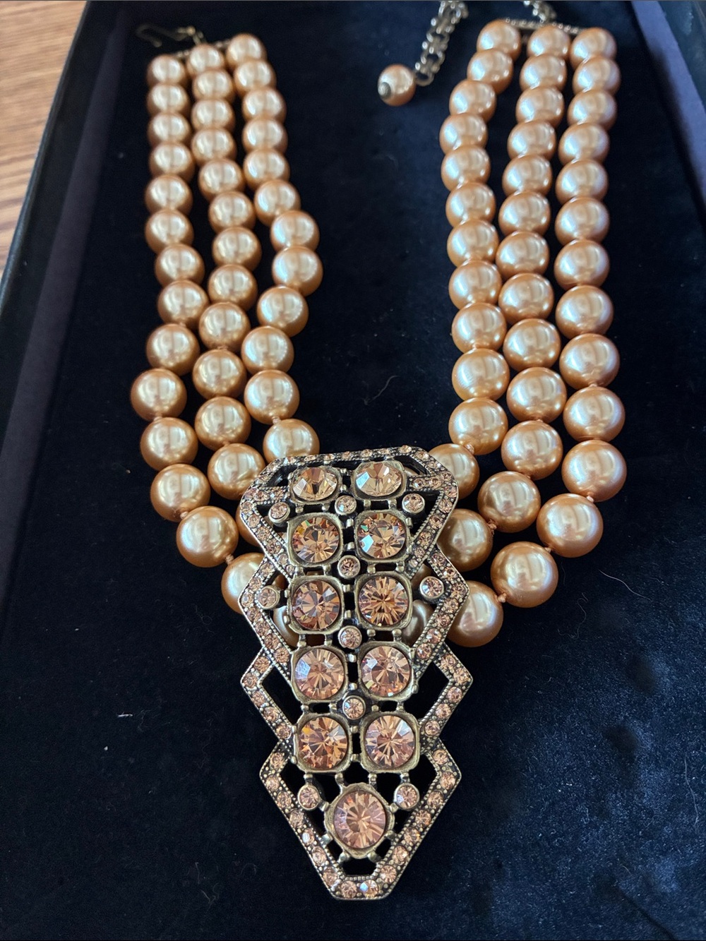 Heidi Daus Champagne Pearl Triple-Strand Necklace with Crystal Geometric Pendant